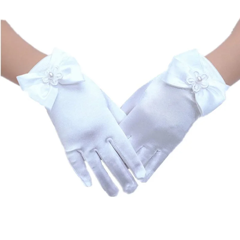Bridal gloves white wedding satin gloves thin bow full finger dress photo accessories small girls gloves