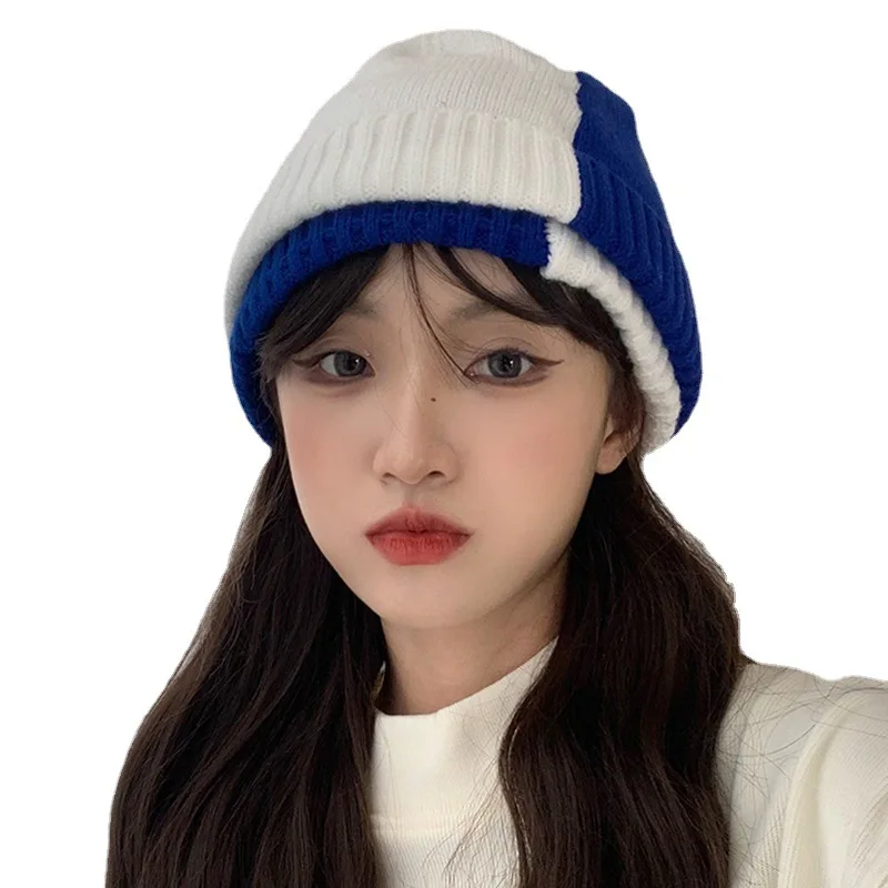 Klein blue woolen hat women winter blue and white color matching knitted melon hat