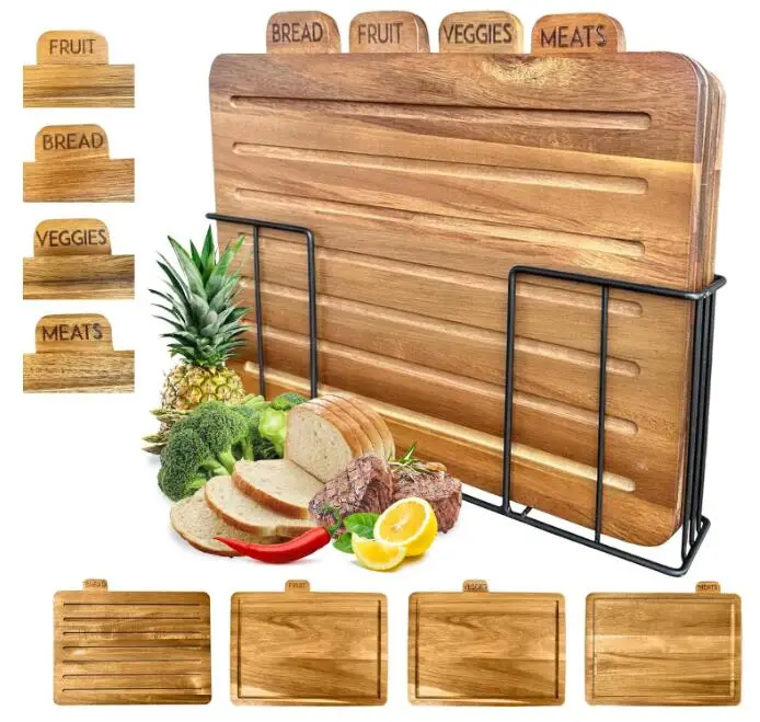 Modern Wooden Cutting Boards set for Kitchen with Holder Stand and Labeled Tabs on Each Board