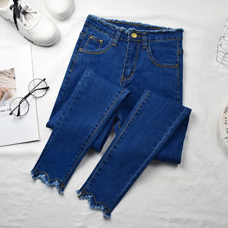 Fall New Designer Washed High Waist Jeans Korean Slim Fleece Tight Crop Leggings Street Wear Skin Jeans