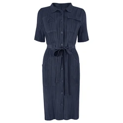 2021 Miyake European and American ladies high-end elegant fashion temperament plain short sleeve shirt large skirt wholesale