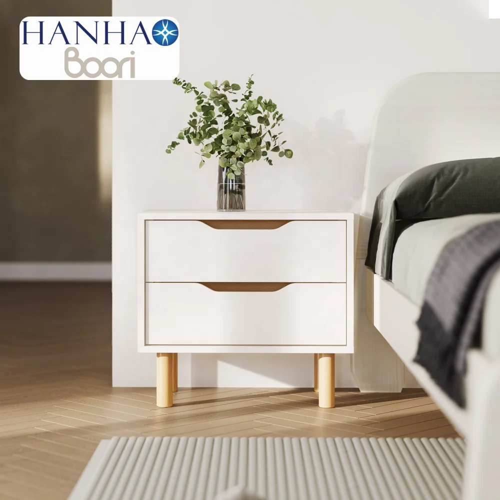 Only B2B Boori Elegant Wooden Timber Corner Night Stand Bedside Table White With 2 Drawers