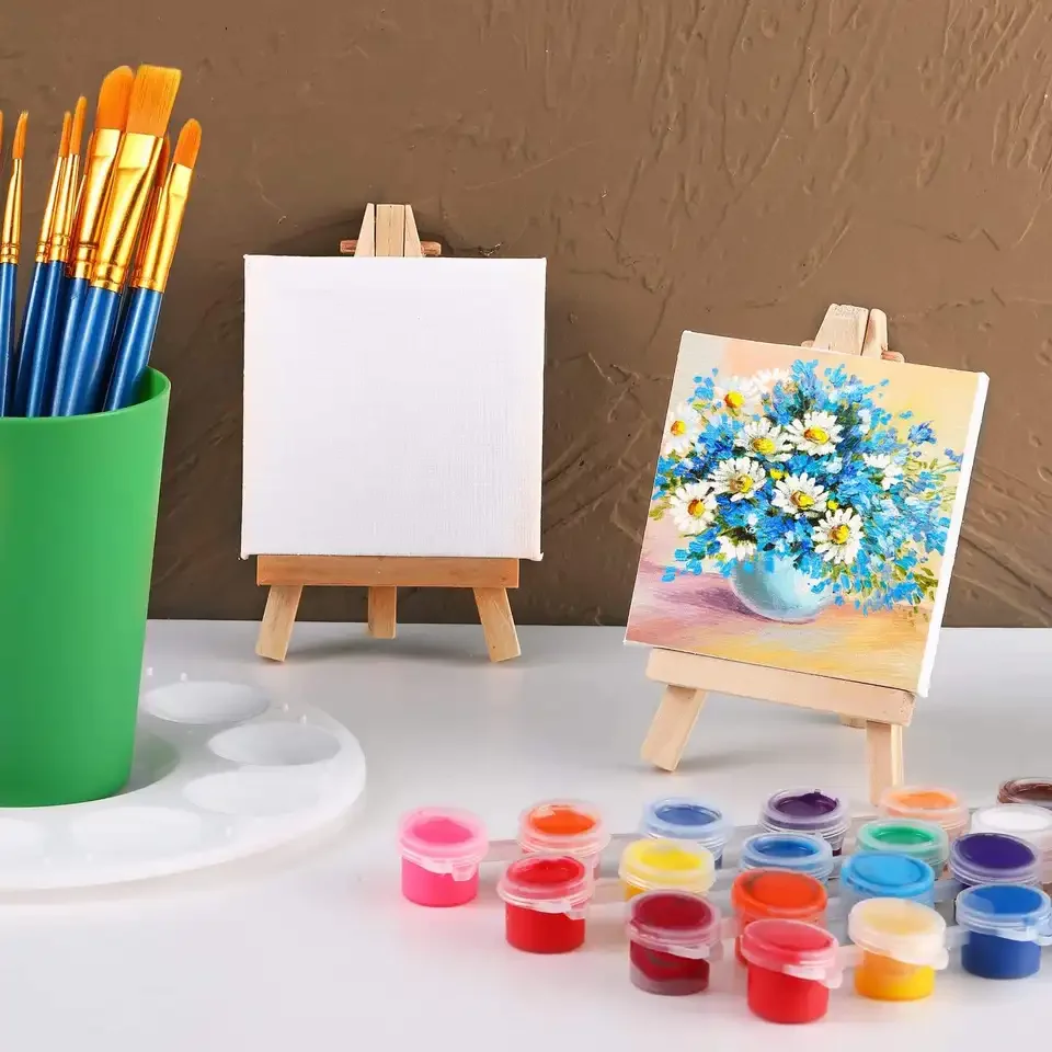 Xin Bowen Wholesale 24pcs Art Blank Cotton Painting Canvas  3 x 3 Inch Painting Canvas With Brushes Palettes