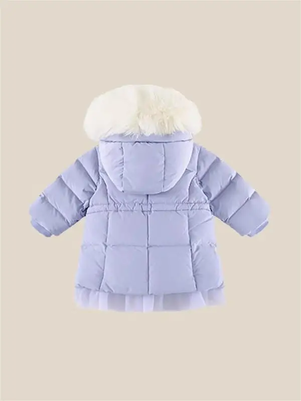 Fashion big fur collar medium long children white duck down padded kids girl jacket white puffer jacket embroidery