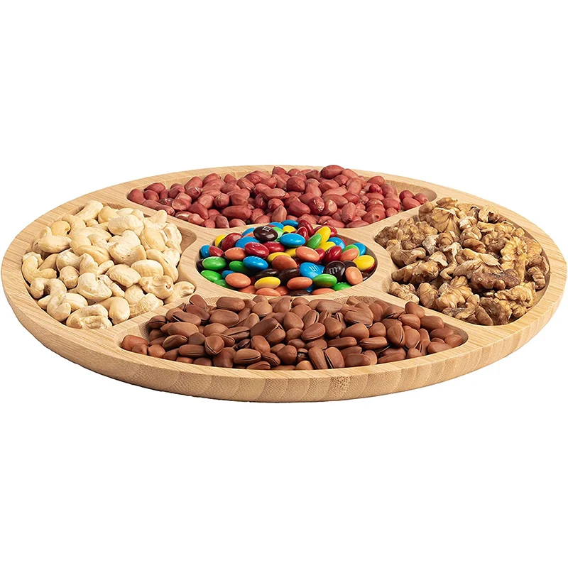 Round Bamboo Divided Serving Tray 5 Compartments Snack Appetizer Serving Dish Sectional Party Platter for Snacks Fruits Crackers