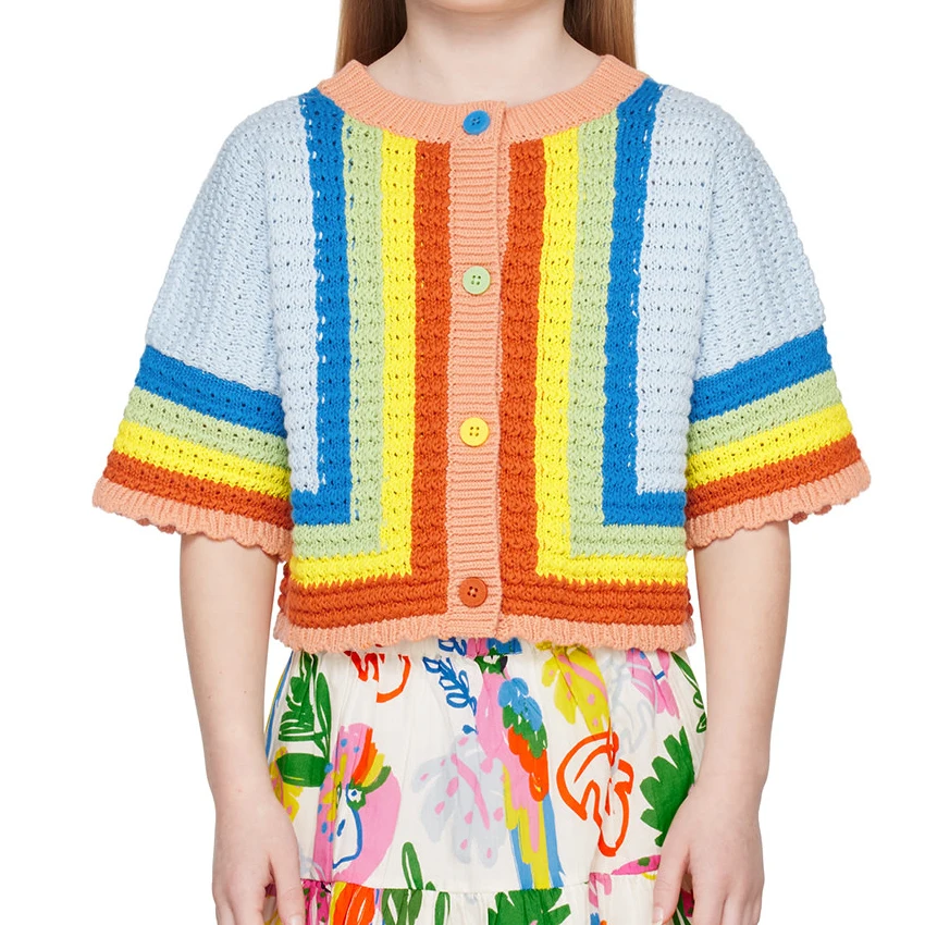 2023 Colorful Drop Shoulder Rainbow Contrast Stripes Crochet Baby Girl Knit Sweater