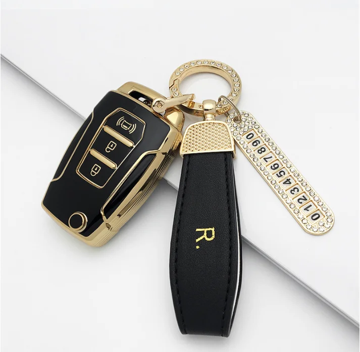 New TPU soft Fob key Cover for New Ssangyong Rexton Korando 3 buttons car key case with gold line key pouch accessory