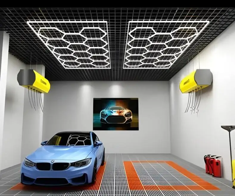 8*16FT Deformable Honeycomb Auto Car Detailing Lights Workshop Customized Grid Garage Lighting Ceiling Hexagonal LED Light