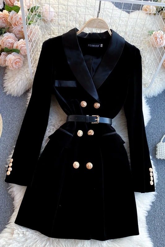 Long Sleeve Notched Collar Solid A-Line Dress Autumn Simple Velvet Mini Dress Ladies Casual Dress Clothes Women Wholesale