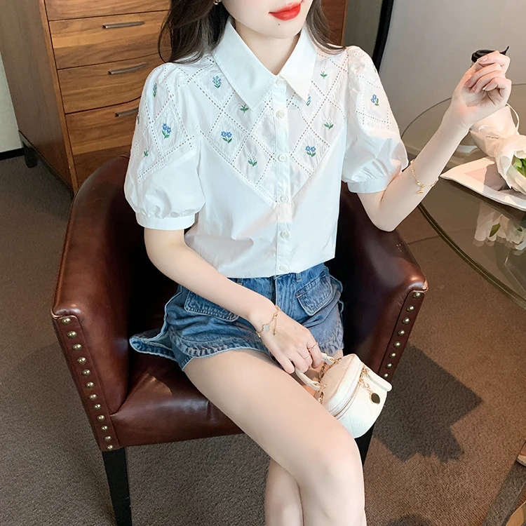 H Han Queen Summer White Embroidery Office Blusas Vintage Tops Chiffon Blouses Women Simple Short Sleeve Work Casual Shirts