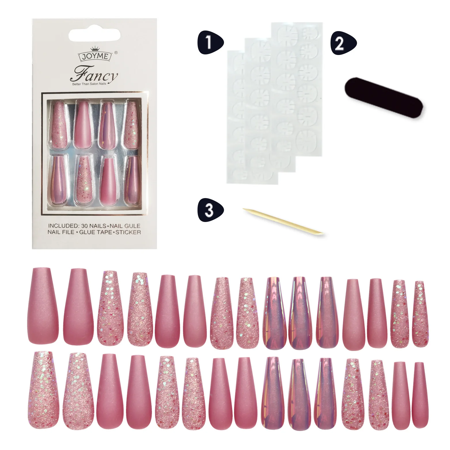 Long Ballet 30PCS Fake Nails Aurora Rendering Onion Pink Fingernails With Jelly Glue