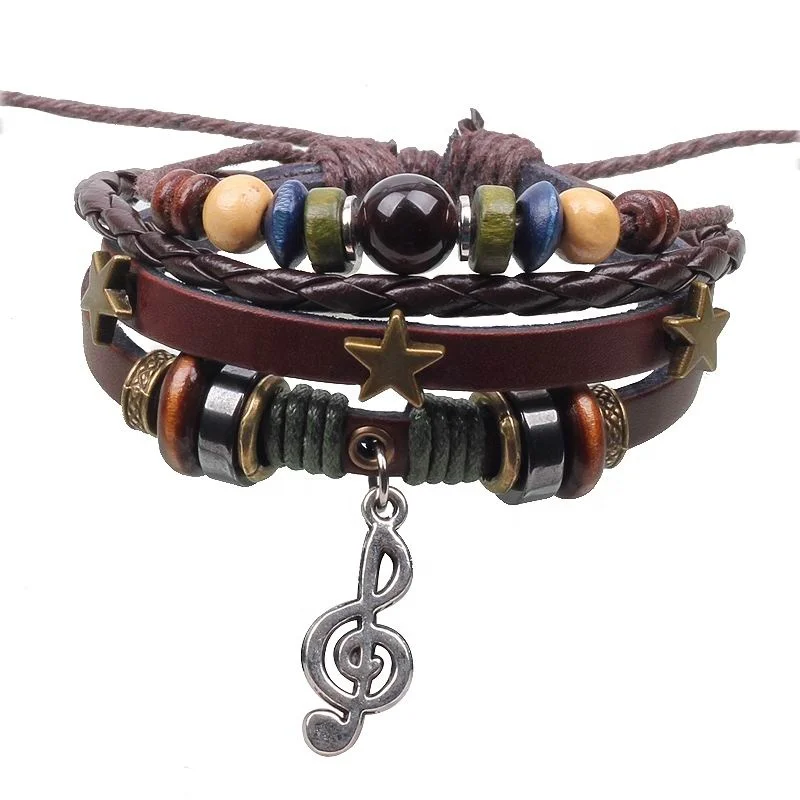 Women men crystal bead wood beads hemp rope braided multilayer metal stars leather bracelet with musical note pendant