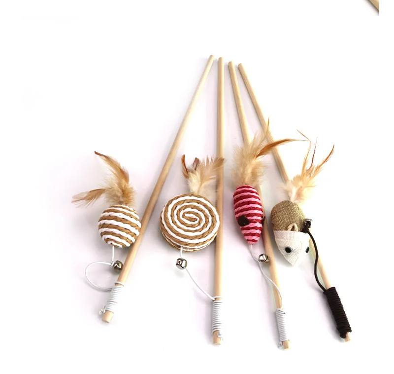 40cm Creative Wood Pet Toys Cat Teaser Rod Interactive Funny Cat Rod Linen Knitted Replacement Head Cat Accessories Pet Supplies