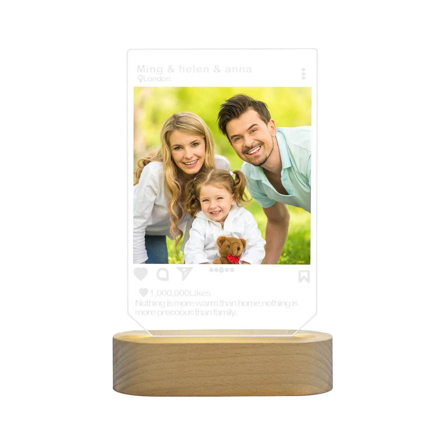 3D Night Light with Photo Custom LED Acrylic Picture Plaque Wood Engraved Stand for Her Lover Men Women Valentines Day Gift