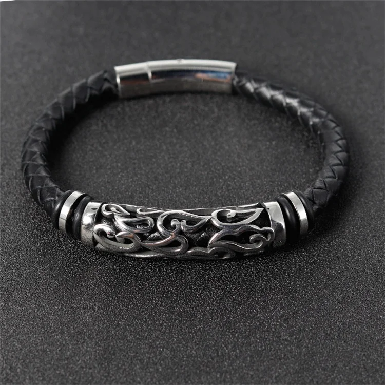 China Online Shopping Mens Stainless Steel Bead Charm Genuine Braided Luxury Leather Bracelet