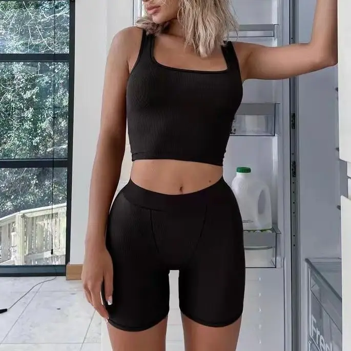 2022 Custom Ribbed Knitted Women Skims Lounge Wear Two Piece Tank Top Legging Short Set