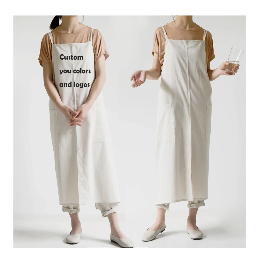 Women Japanese Style Cotton Linen Apron Smock Art Kitchen Cooking Beauty Salon Apron
