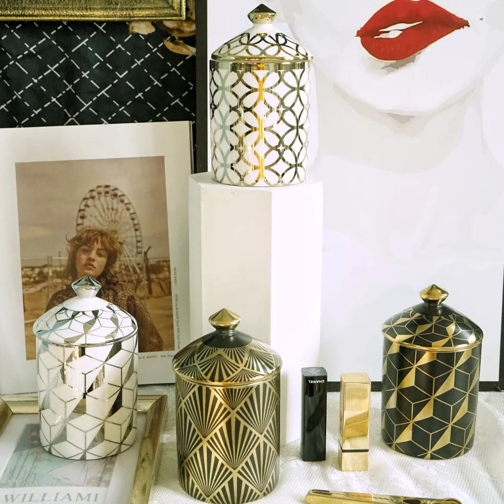 12oz luxury unique Geometric new gold and silver black design empty ceramic votive candle jars holders vessels
