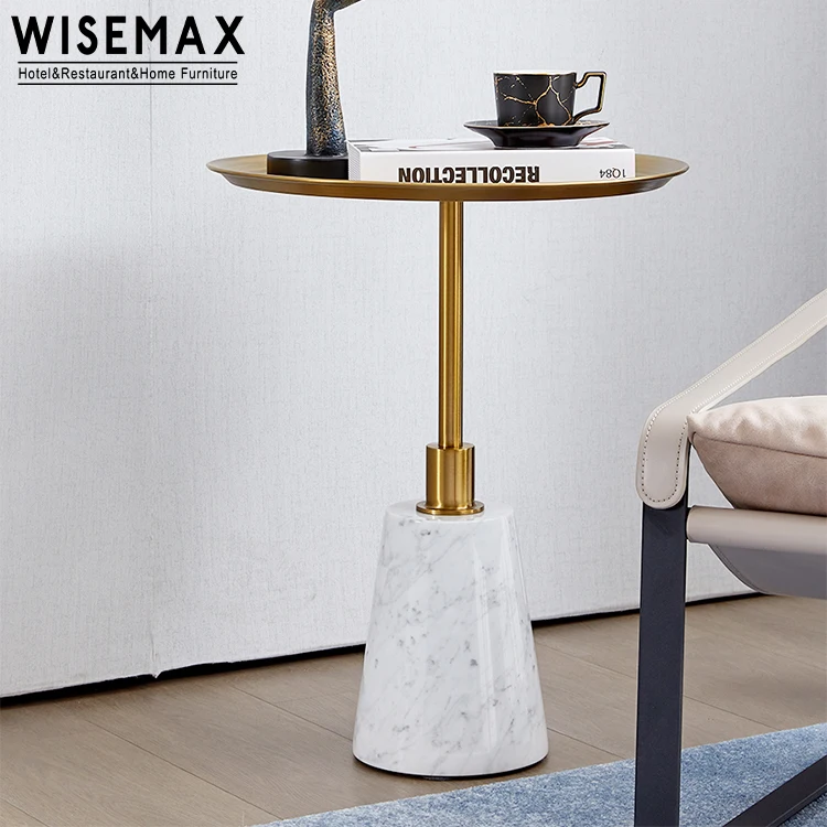 WISEMAX FURNITURE luxury small round marble base bed side table modern gold stainless steel top natural marble coffee tea table
