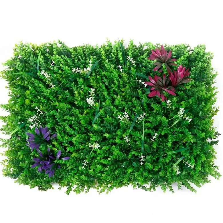 Pampas Faux Artificial Green Grass Wall Backdrop Panels With Green And White Flowers