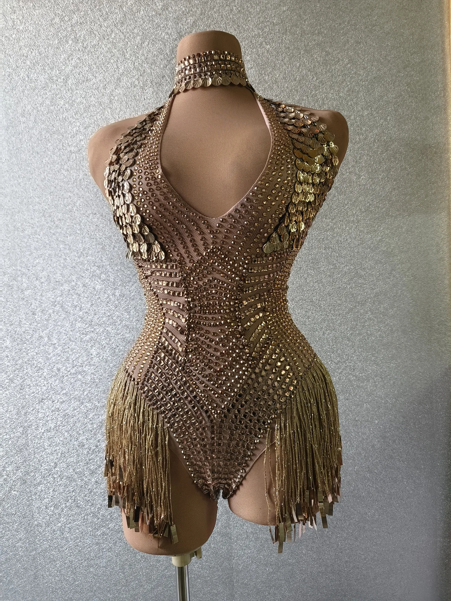 Sparkling Gold Sequin Tassel One Piece Short Jumpsuit Drag Show Performance Pole Dancer Outfits Women Rhinestone Bodysuits