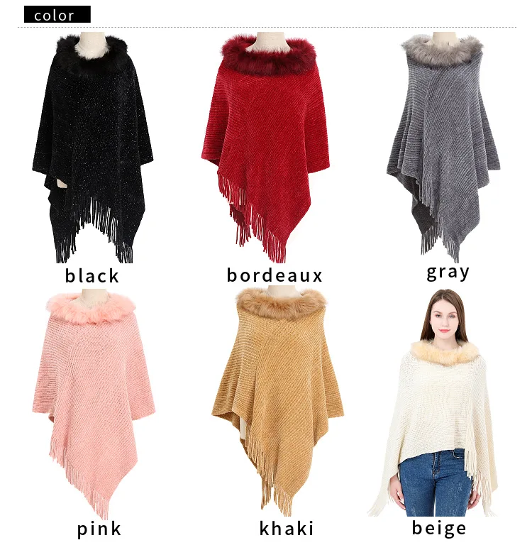 new scarf European American lady chenille poncho with fur collar winter keep warm sweater with Shiny yarn knit shawl for women