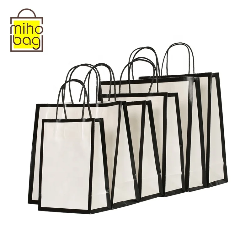 
good price white kraft paper with black frame design shopping paper bags with twist paper handles 
