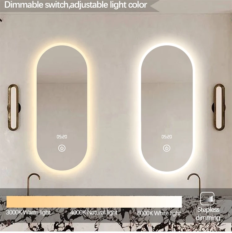 Frameless luxury oval illuminated smart wall mounted anti fog touch screen bathroom mirror with LED lights