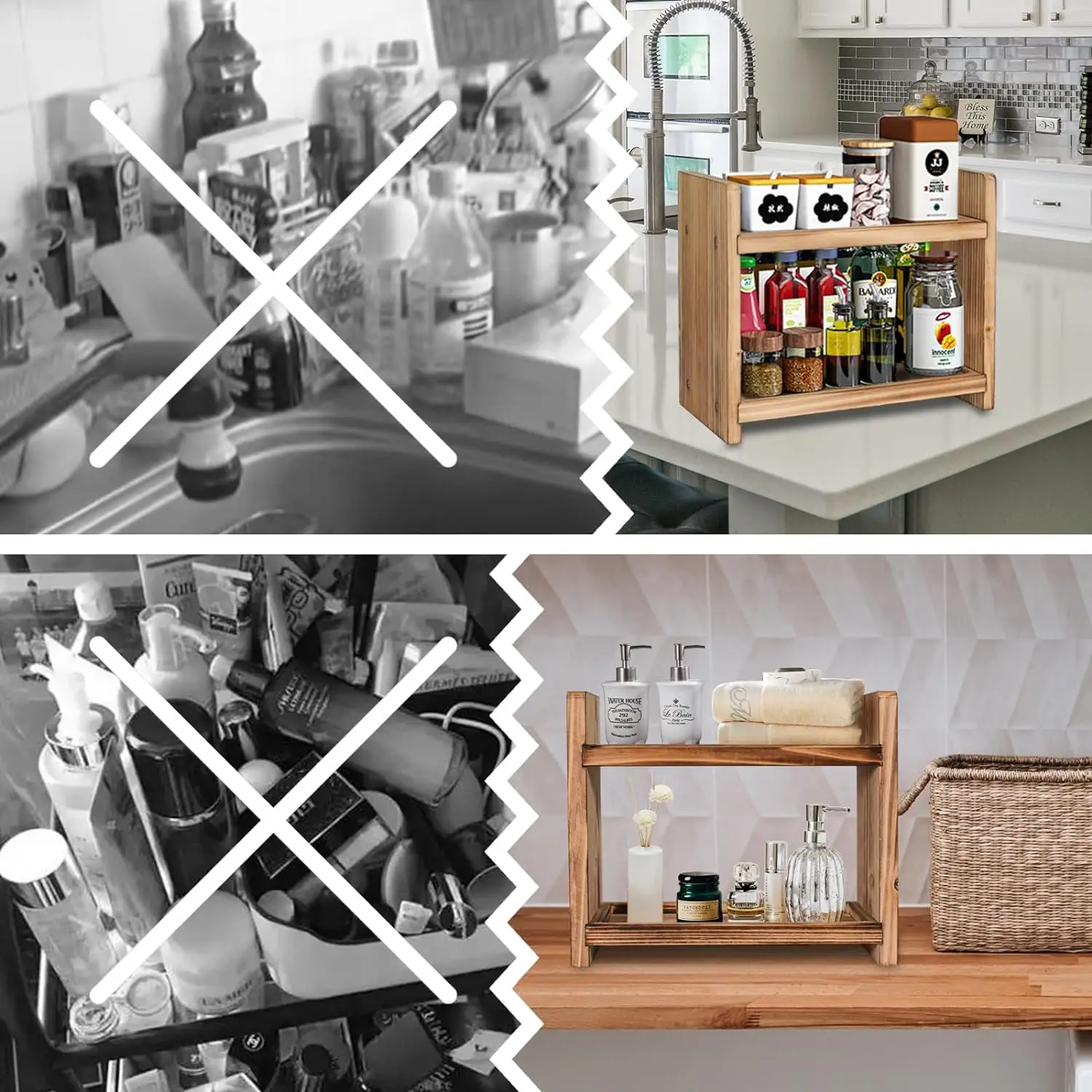 Wooden Storage Rack Wood Spice Rack Countertop Organizer for Kitchen and Bathroom Storage Display of Cosmetics