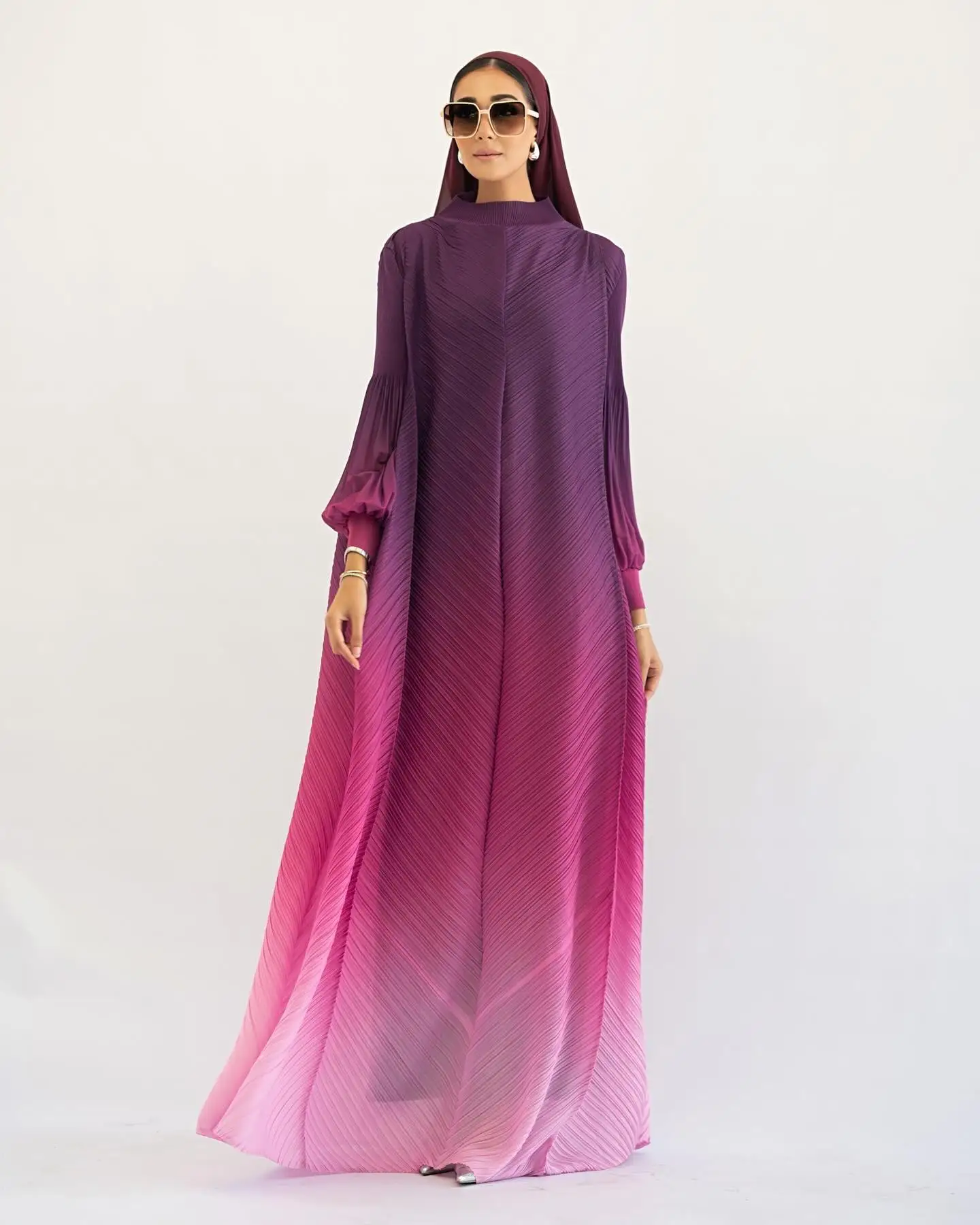 Sheen Fancy Plus Size Miyaki Summer Dresses Women Casual Free Size Gradient Loose Pleated Long Dress For Women