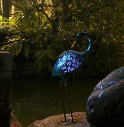 Metal Crane Garden Statue Blue Heron Decoy Metal Birds Yard Art with Solar Lights for Outdoor