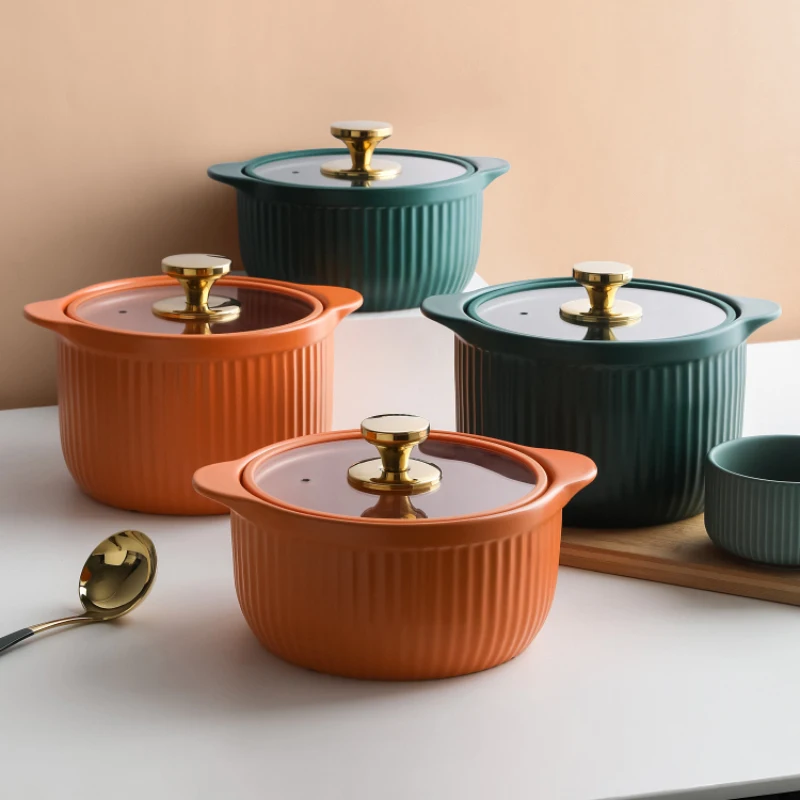 
Wholesale Ceramic Kitchen Soup Cooking Pot Two Ear Clay Casseroles Pots with Glass Lid Household Cooking Pot Cookware 