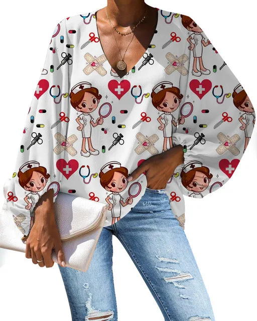 
 Женская шифоновая рубашка в стиле Харадзюку, блузка с принтом медсестры, врача, Повседневная Свободная рубашка с длинным рукавом, топы с V-образным вырезом, женская одежда для девушек  