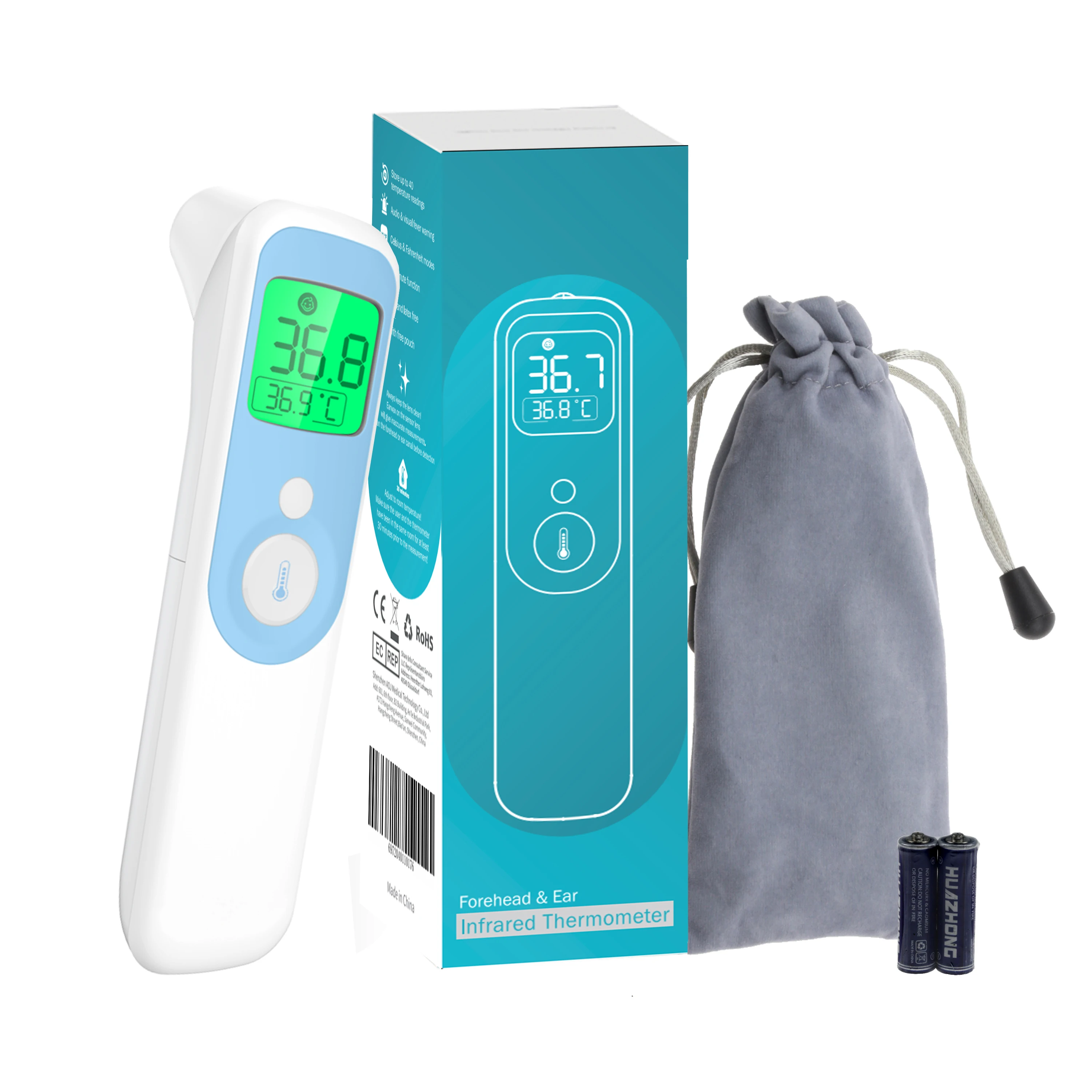 Digital Infrared Forehead and Ear Thermometer Gun for Adults and Kids with Fever Alarm Electric Power Source Chinese Version