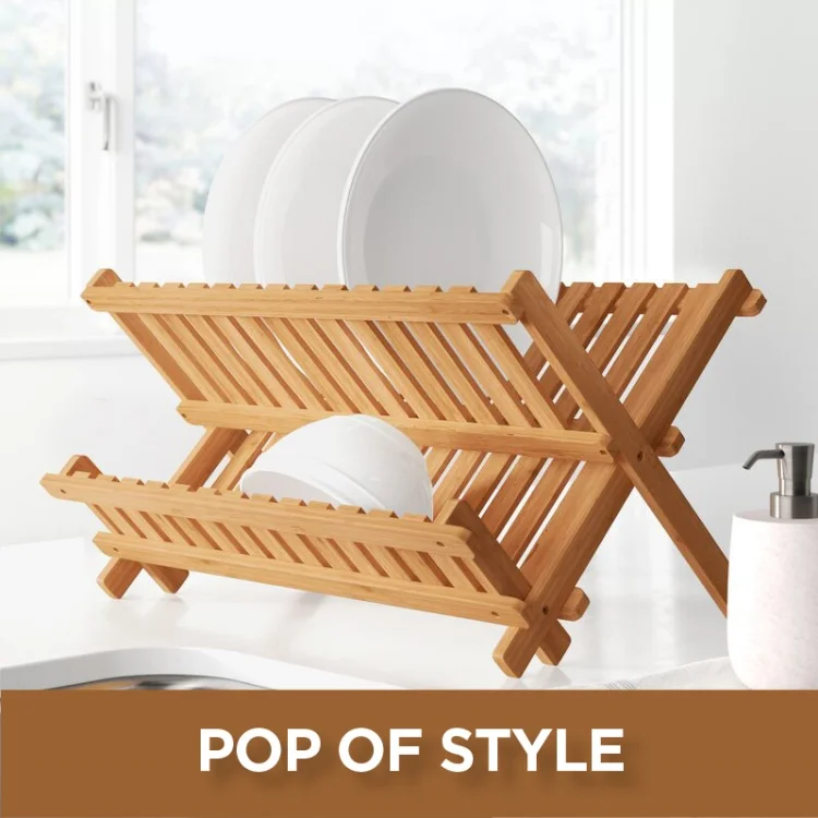 2-Tier Collapsible Dish Drainer Foldable Bamboo Plate Rack Space-Saving Organizer for Kitchen Countertop