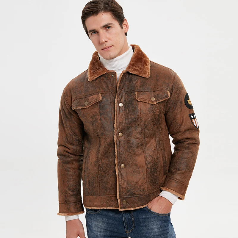 
2020 Winter Fashion Pilot Thick Faux Wool Motorcycle Jacket Suede Air Force Leather Flight Bomber Jacket 