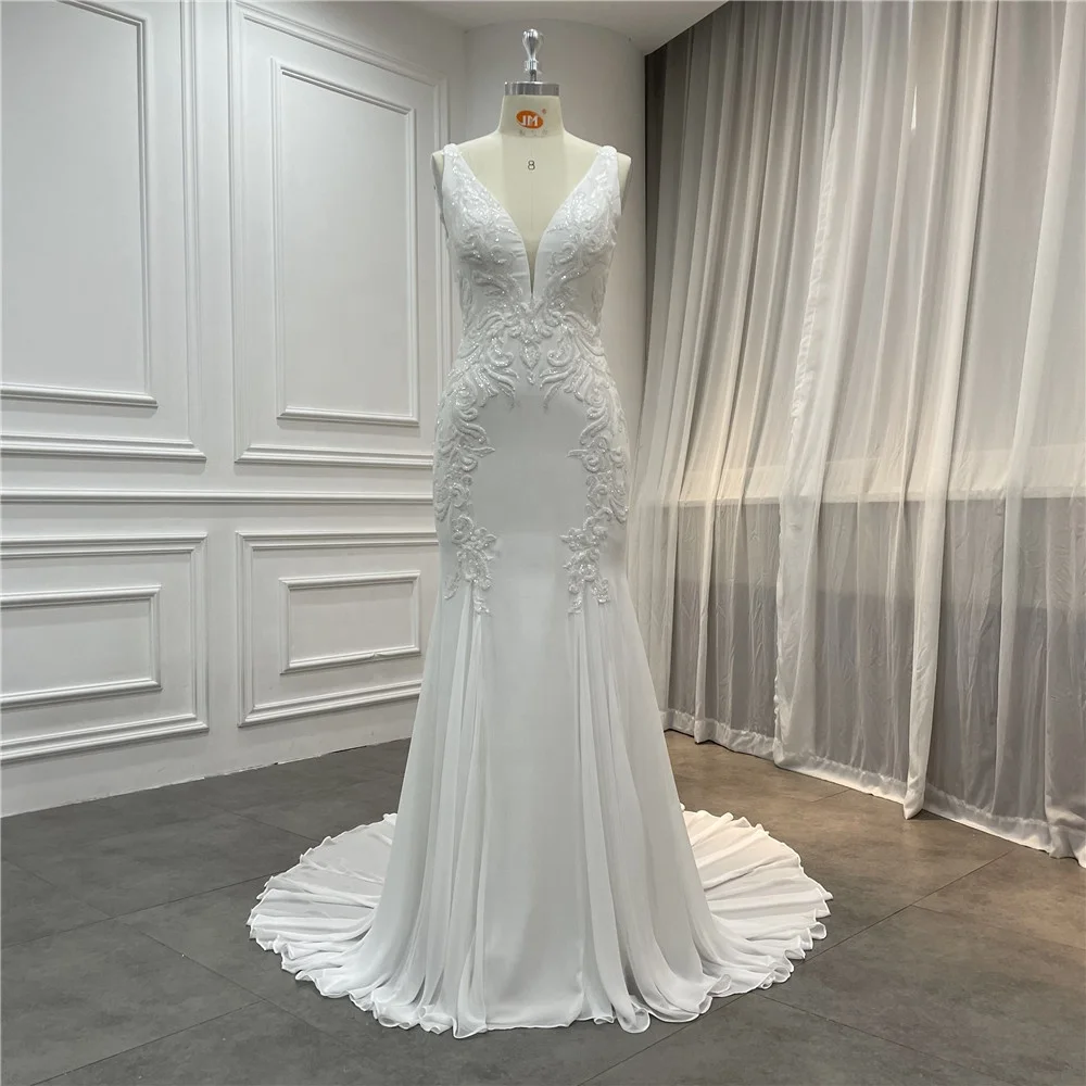 Women Mermaid Sleeveless Chiffon Lace Beaded Plunging V Neck Real Wedding Dress
