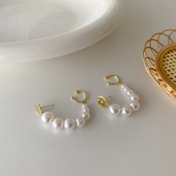 925 Silver Needle Pearl Hoop Earring Imitation Ear Cuff round piece light luxury