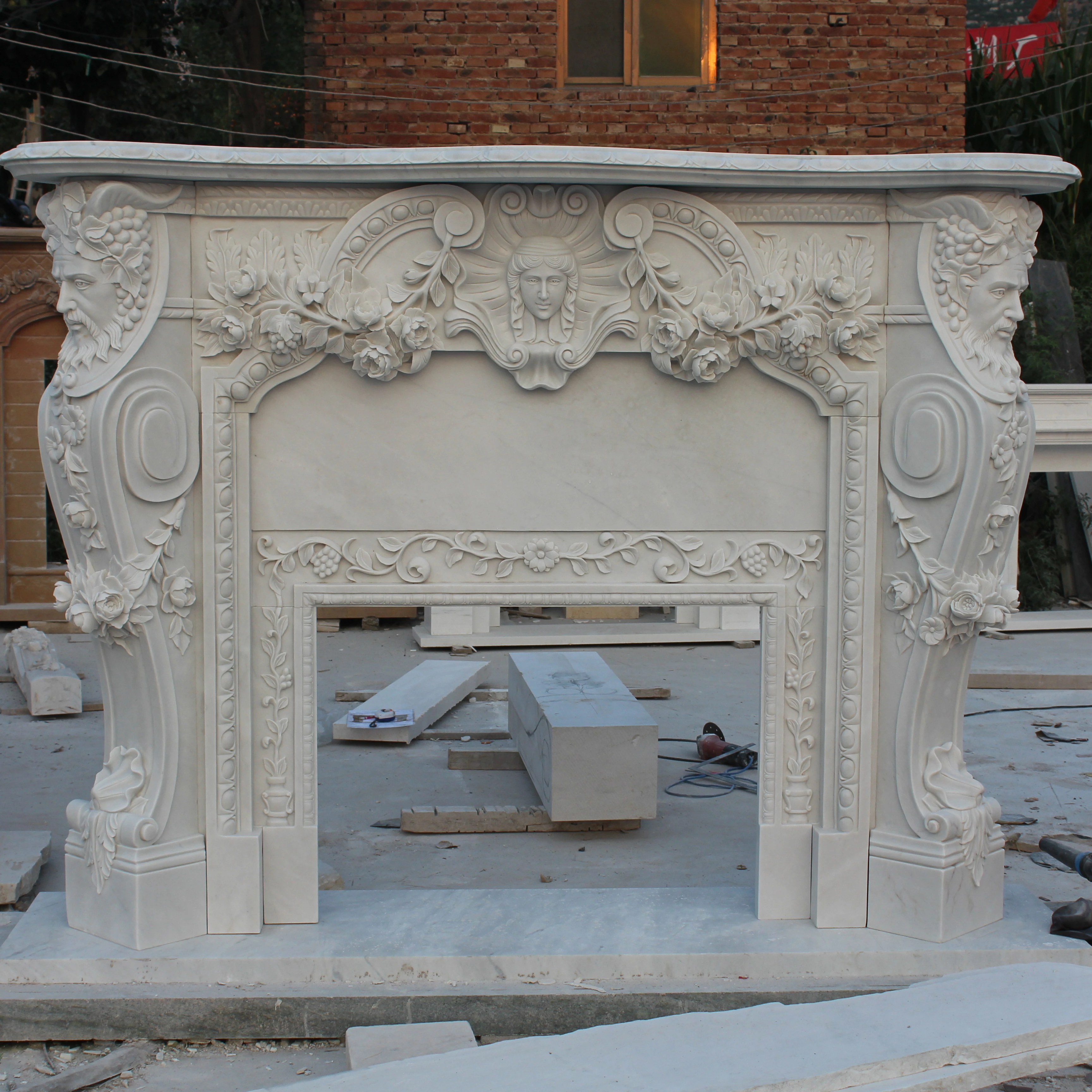 Pure White Hand Carved Western Style Decoration Stone Marble Fireplace