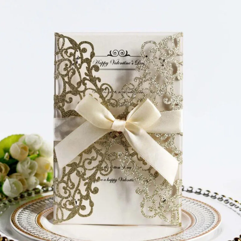 Wedding Supplies Hollow Flower design Wedding Invitation Card Greeting Card with Ribbon