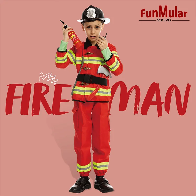 Funmular Creations Child Unisex Red Fireman Costume for Kids Halloween Cosplay Dress Up OEM/ODM