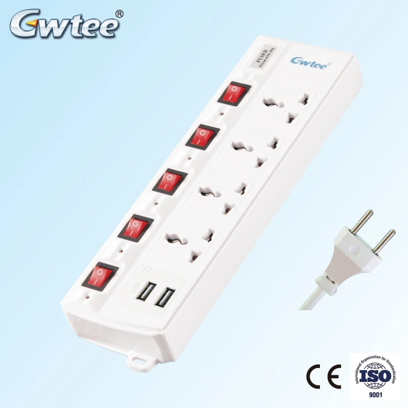 5 gang universal fuse surge protection power electric extension sockets with protector tube