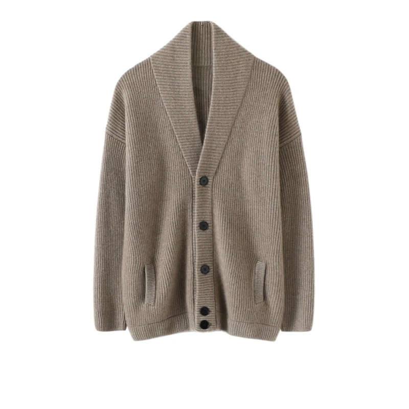 Custom thick wool cashmere jacket winter loose lapel button knitted rib cashmere cardigan sweater for man