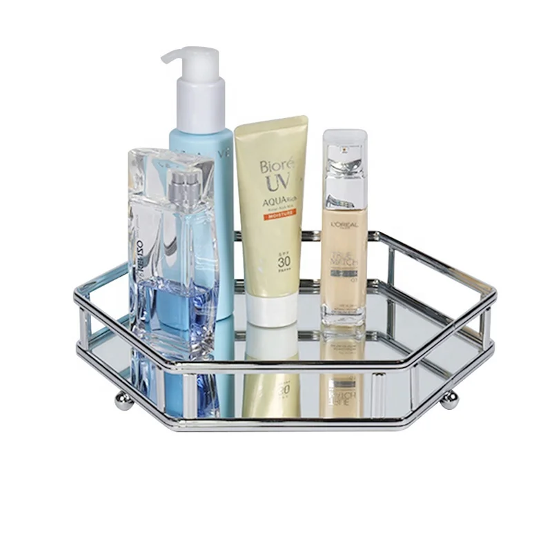 European Metal Glass Jewelry Display Plate Geometric Tray Mirror Silver Rose Gold Jewelry Storage Ring Dish Decoration Shelf