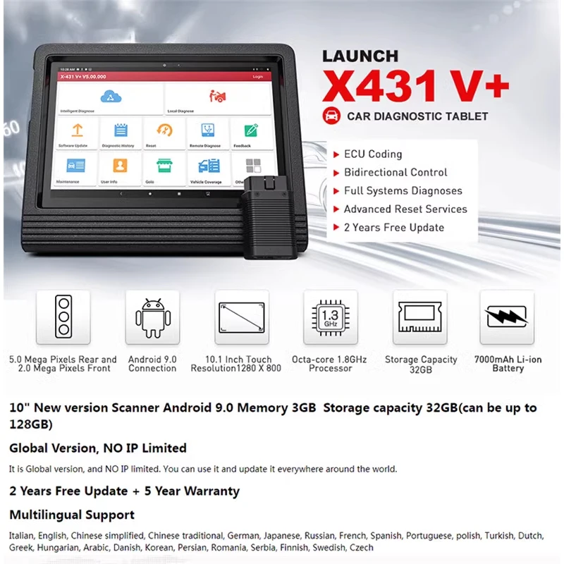 Launch X431 V+ 4.0 Elite Version Global Wifi/Bluetooth 10.1inch Tablet Full System Bi-Directional VAG Guided Code Reader