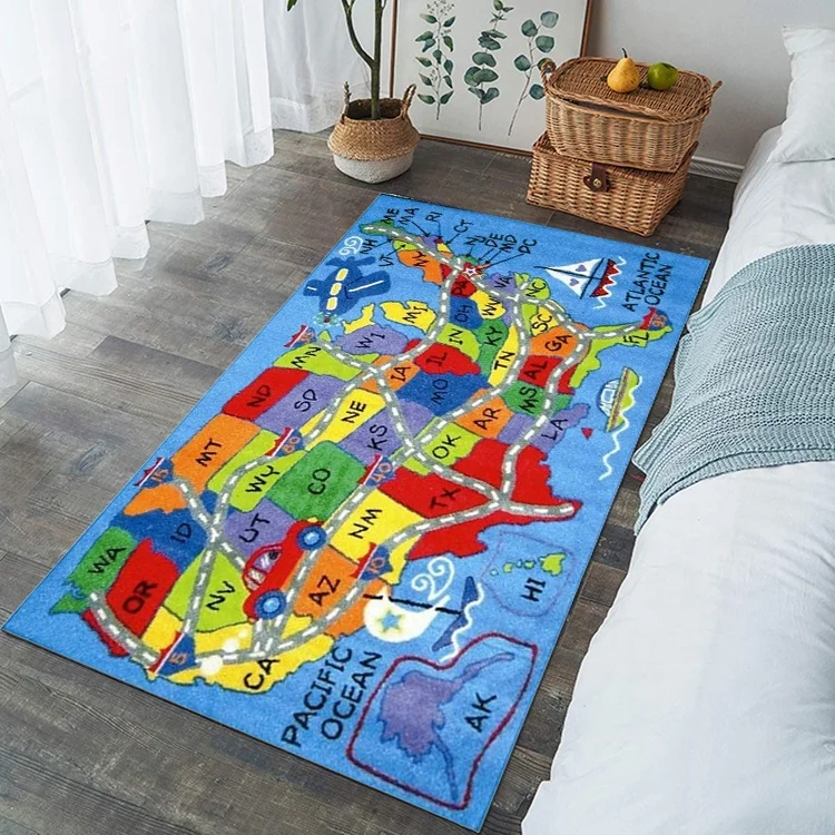 Colorful animals world map design kids children learning educational carpet mat