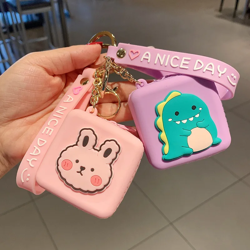 Silicone Cartoon Coin Purse Keychain Blue Green Yellow Pink Purple Pendant Bag Car Earpods Keyring Lanyard Men Women Couple Gift