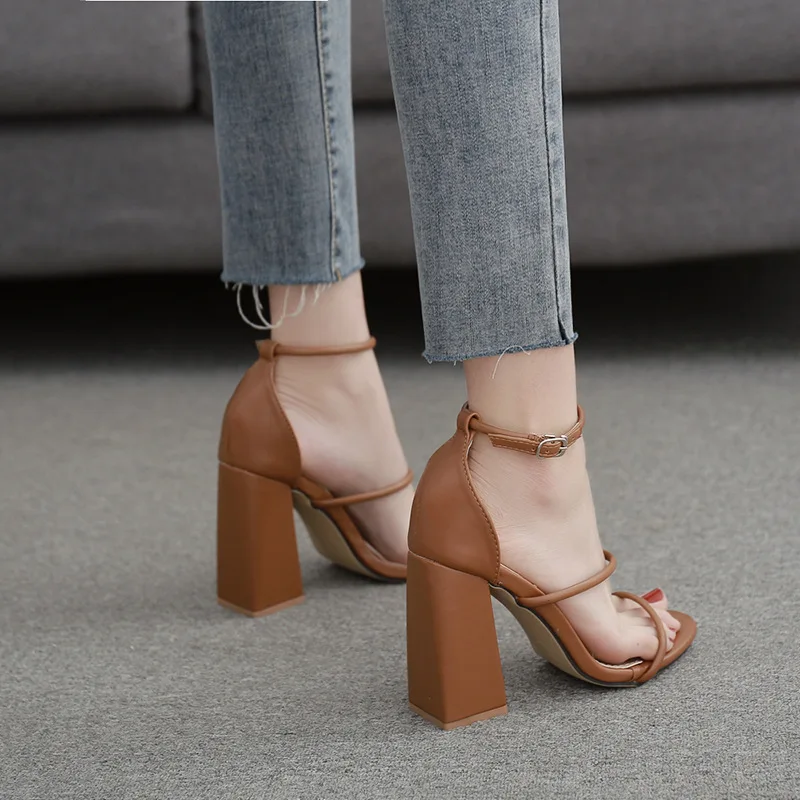 CSS404 chunky heel brown leather sandals for women