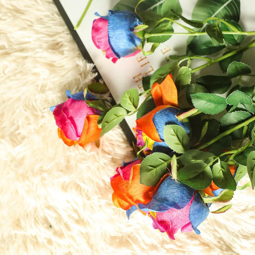 2024 New INS Style Colorful Rose Simulation Decorative Flowers Faux Green Plants Wedding Home Decor Artificial Flowers