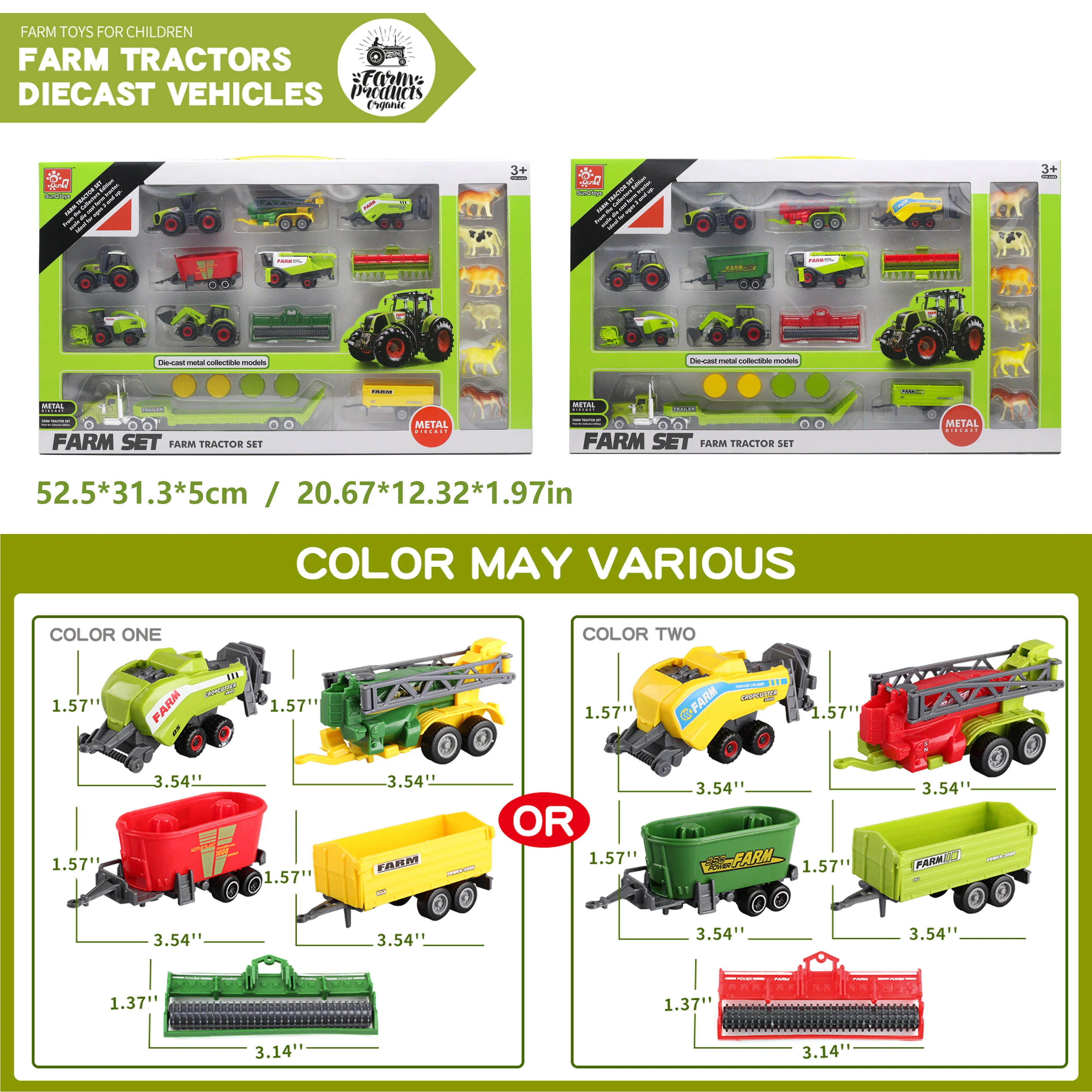 SunQ Wholesale 1:64 Alloy Back Farmer Harvester Harvesting Toy Set Agricultural Car Tractor Die Cast Farm Models